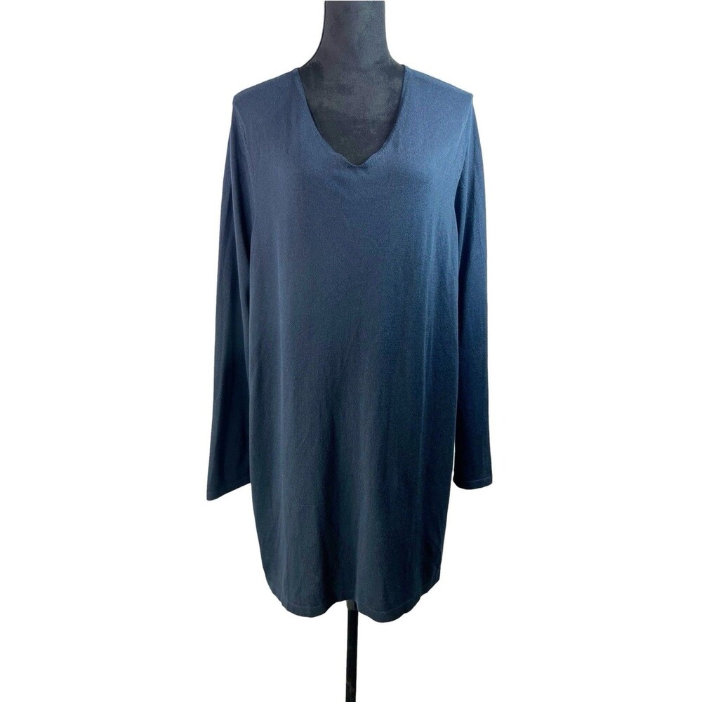 Peruvian Connection Blue Tunic Top Long Sleeve Knit V-Neck Size XXL Minimalist